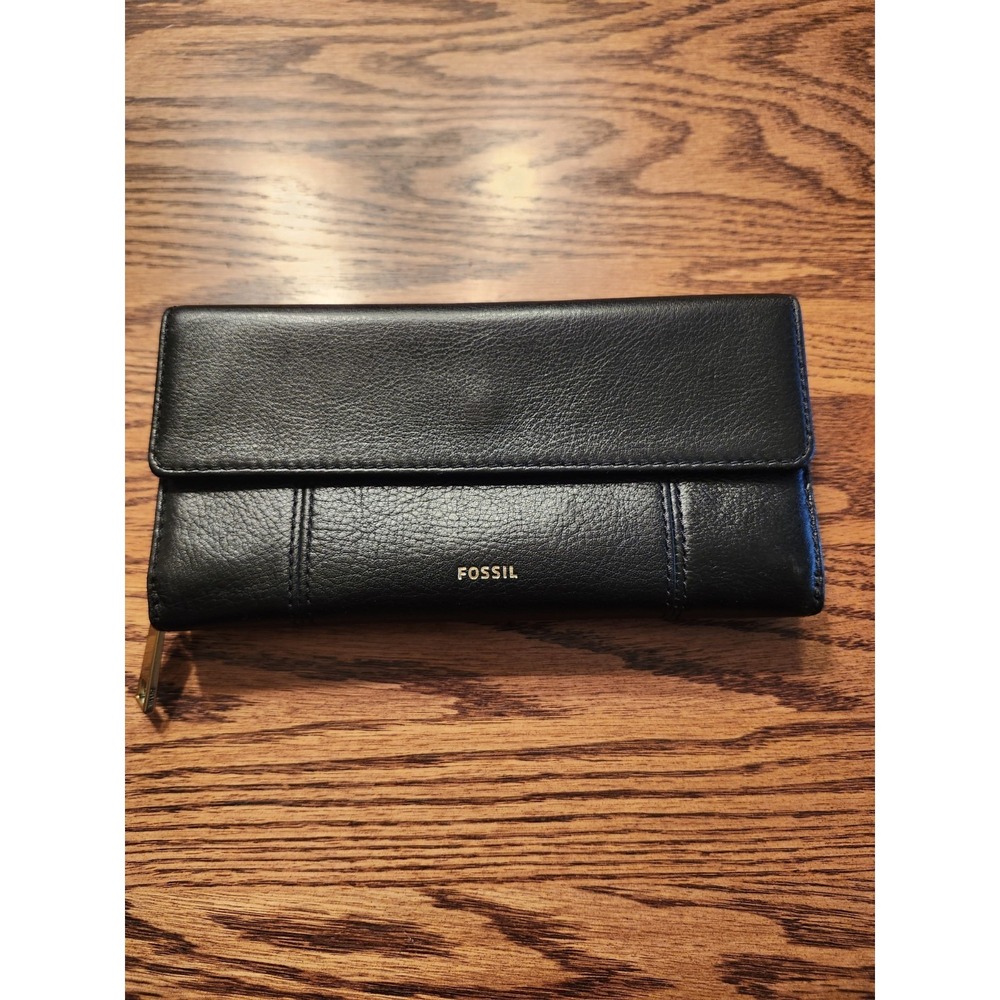 Fossil Jori Leather RFID Flap Clutch Wallet Womens Black